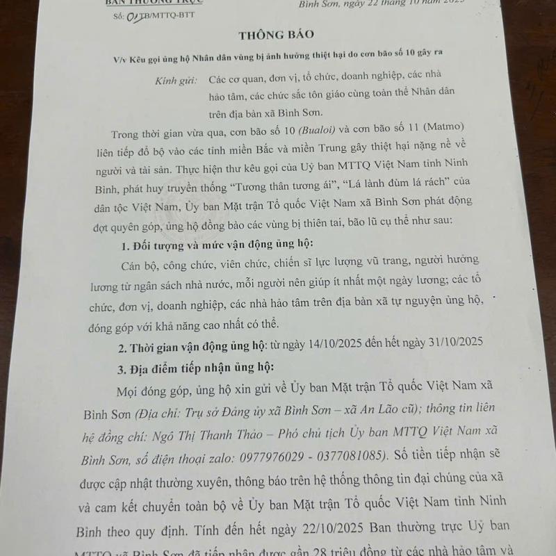 Thông báo kêu gọi ủng hộ Nhân dân vùng bị ảnh hưởng thiệt hại do cơn bão số 10 gây ra