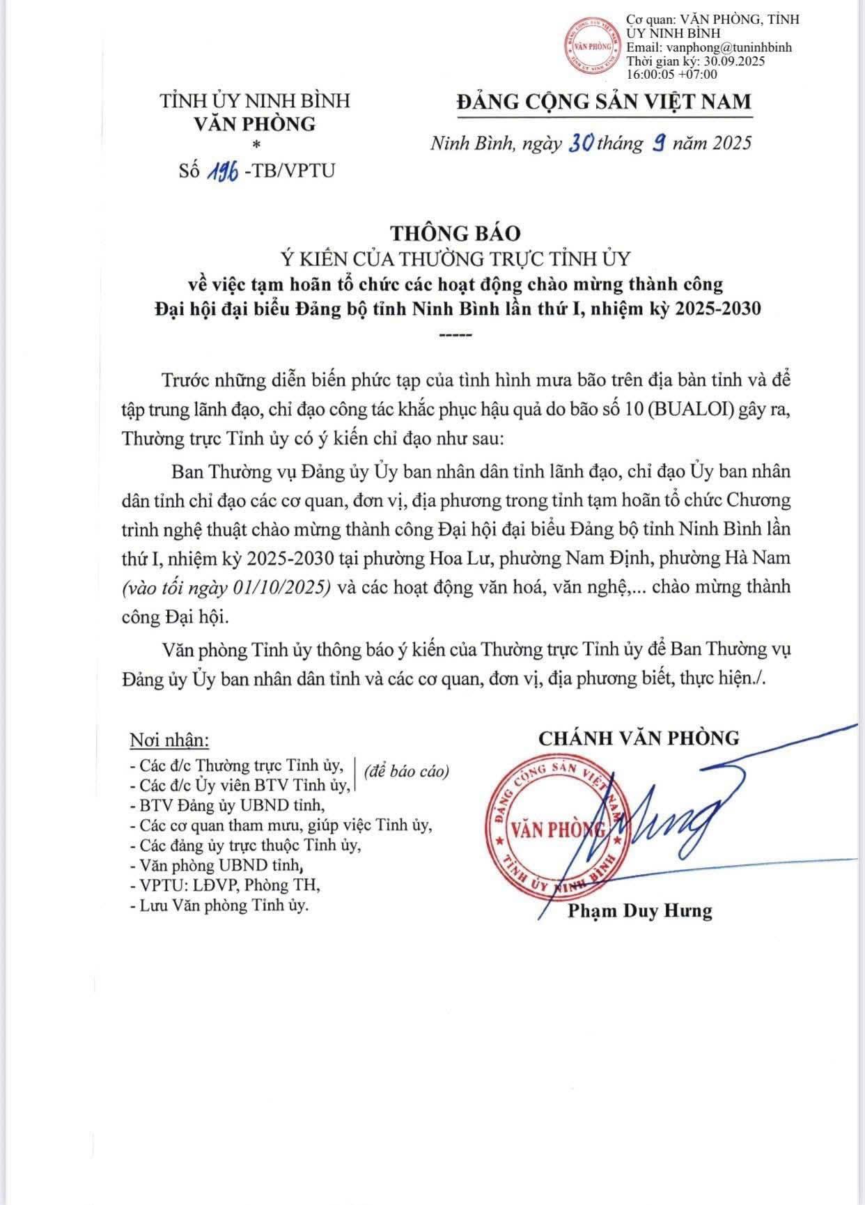 Tạm hoãn các hoạt động chào mừng thành công Đại hội đại biểu Đảng bộ tỉnh Ninh Bình lần thứ I do ảnh hưởng bão số 10