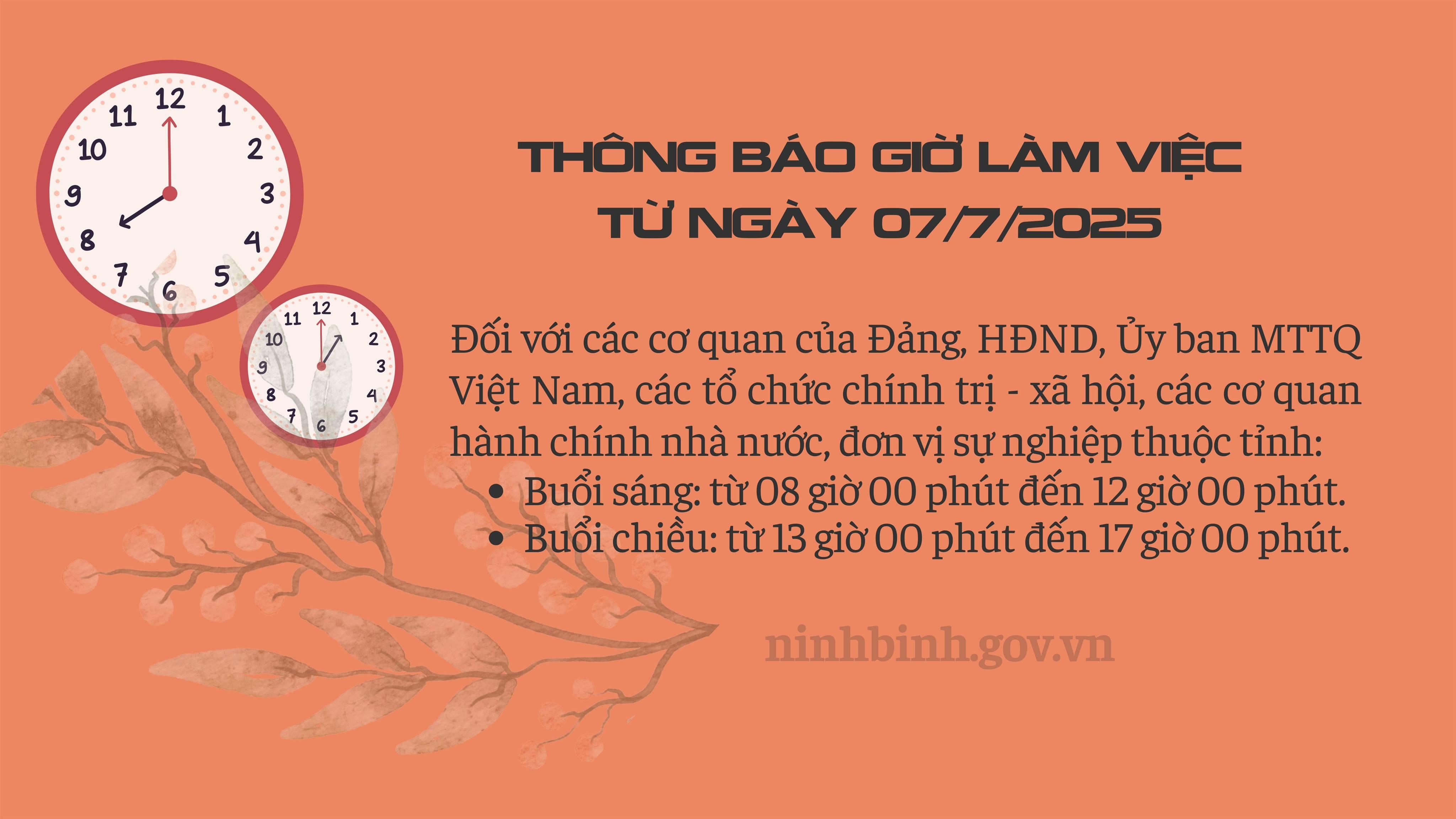 Thông báo giờ làm việc của các cơ quan, đơn vị trên địa bàn tỉnh Ninh Bình từ ngày 07/7/2025