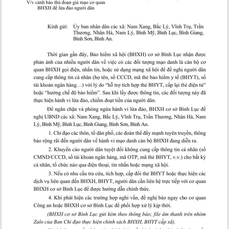 Công văn số 63/BHXH-TT ngày 24/10/2025 của Bảo hiểm xã hội cơ sở Bình Lục tỉnh Ninh Bình