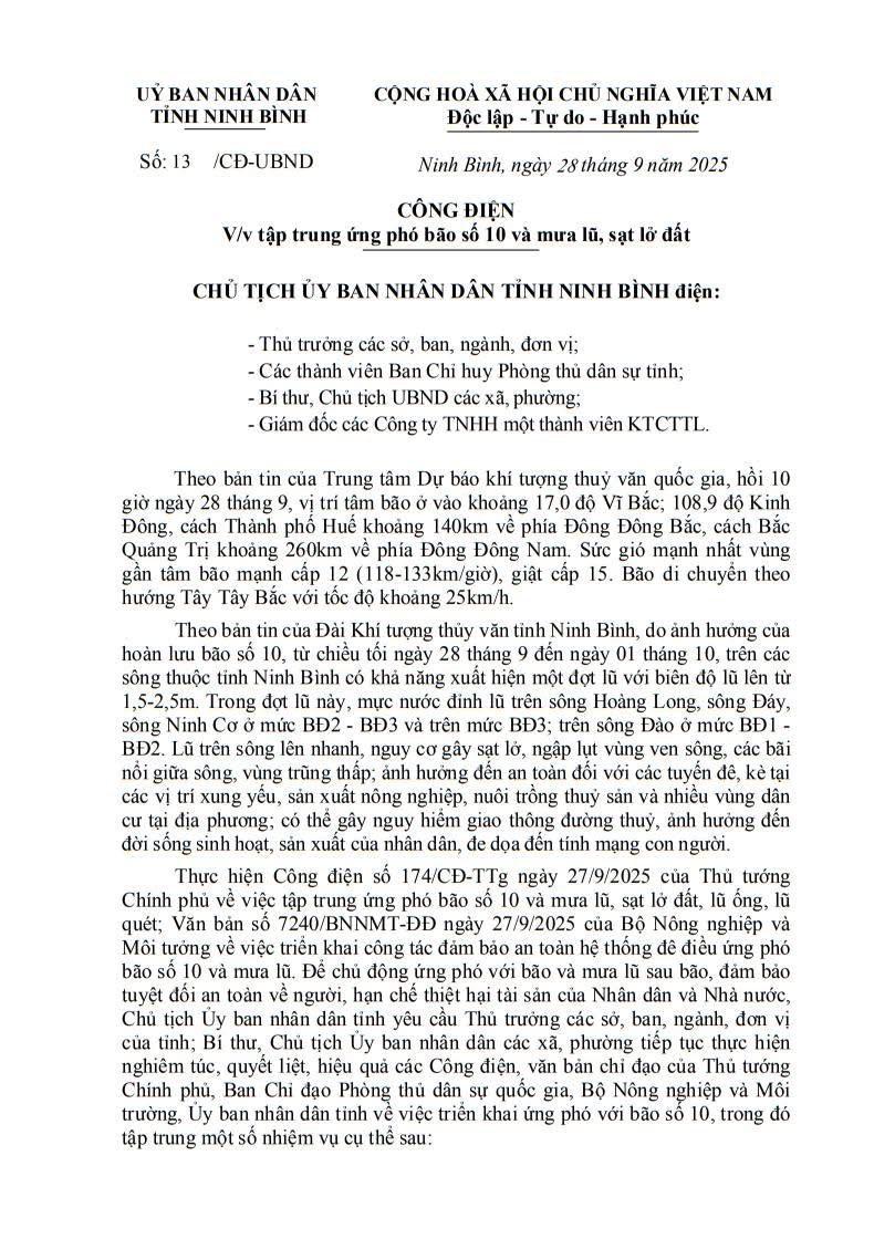Công điện số 13/CĐ-UBND ngày 28/9/2025 của UBND tỉnh Ninh Bình về việc tập trung ứng phó bão số 10 và mưa lũ, sạt lở đất