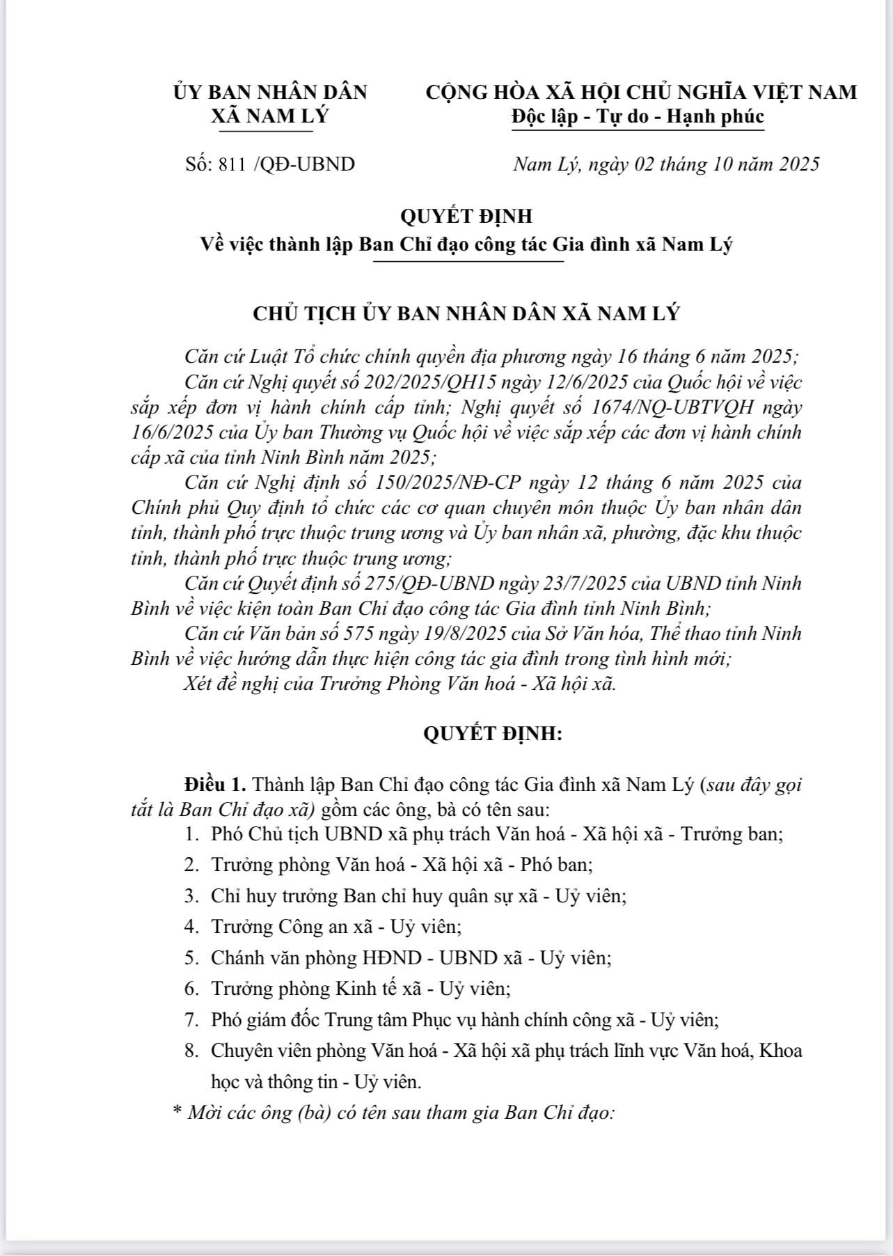 Quyết định số: 811/QĐ-UBND ngày 02/10/2025 của UBND xã Nam Lý v/v thành lập Ban Chỉ đạo công tác Gia đình xã Nam Lý