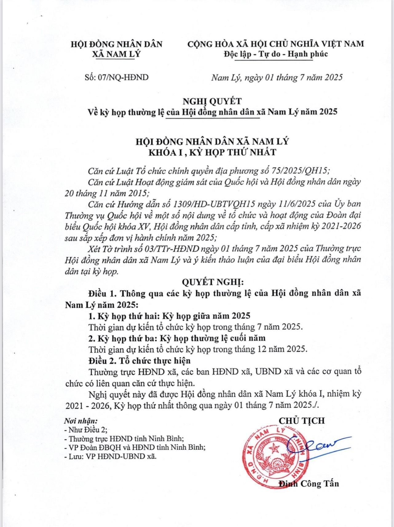 Nghị quyết số: 07/NQ-HĐND ngày 01/7/2025 của HĐND xã Nam Lý về kỳ họp thường lệ của HĐND xã Nam Lý năm 2025