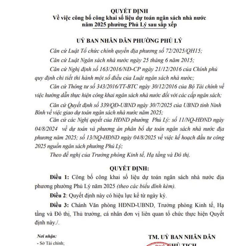 Quyết định về việc công bố công khai số liệu dự toán ngân sách nhà nước năm 2025
