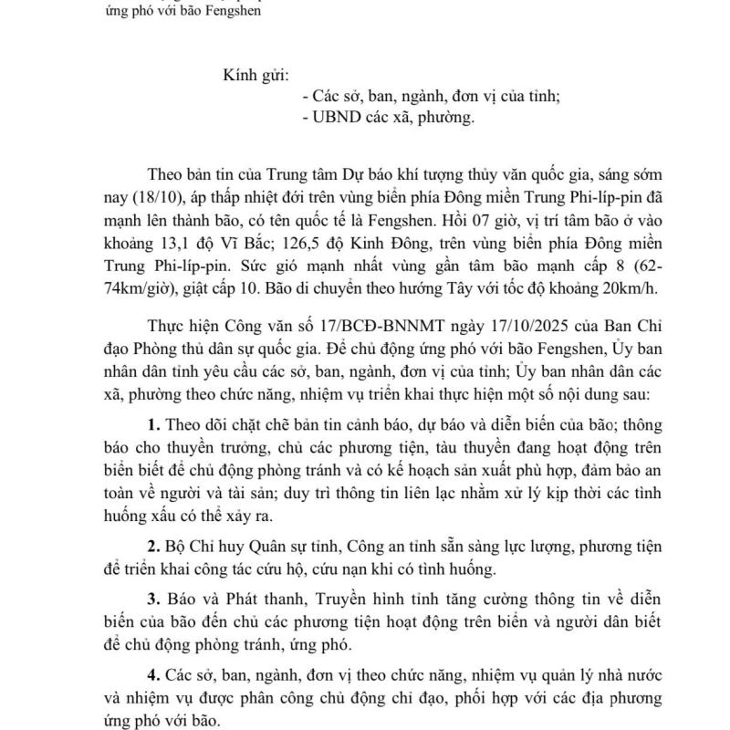 Thông báo của UBND tỉnh Ninh Bình V/v chủ động ứng phó với bão fengshen