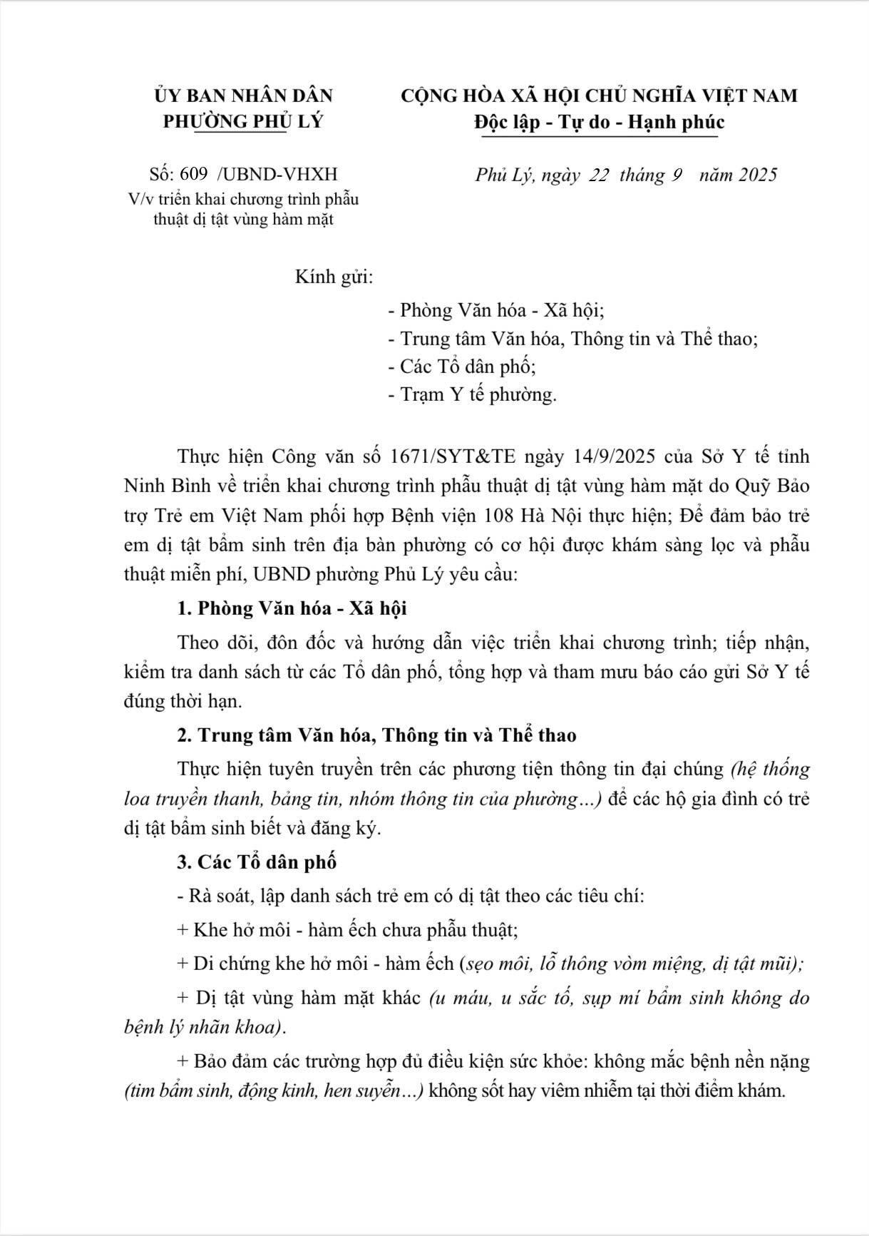 UBND phường Phủ Lý triển khai chương trình phẫu thuật dị tật vùng hàm mặt