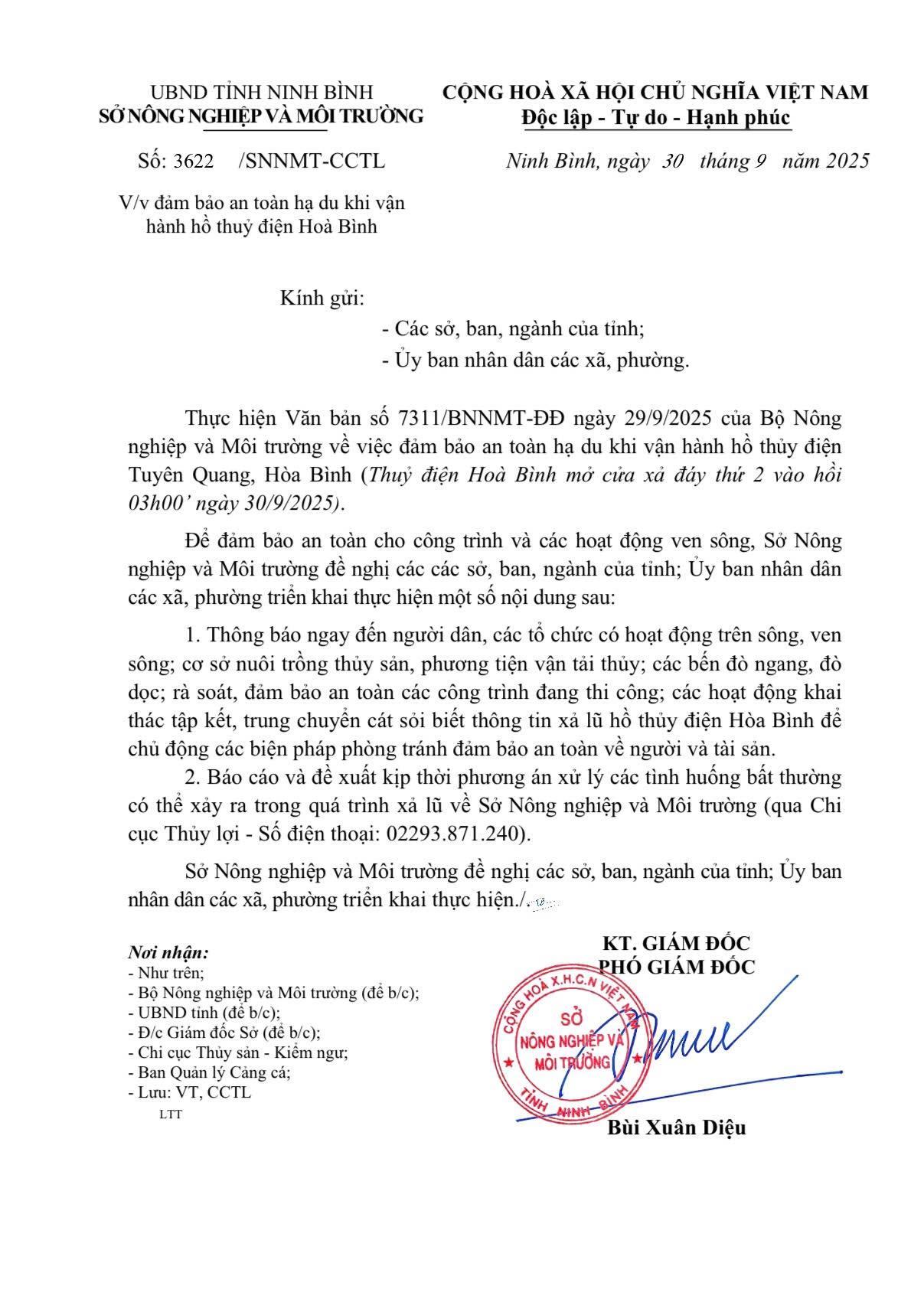 Thông báo của Bộ Nông nghiệp và môi trường về việc đảm bảo an toàn hạ du khi vận hành hồ thủy điện Hòa Bình