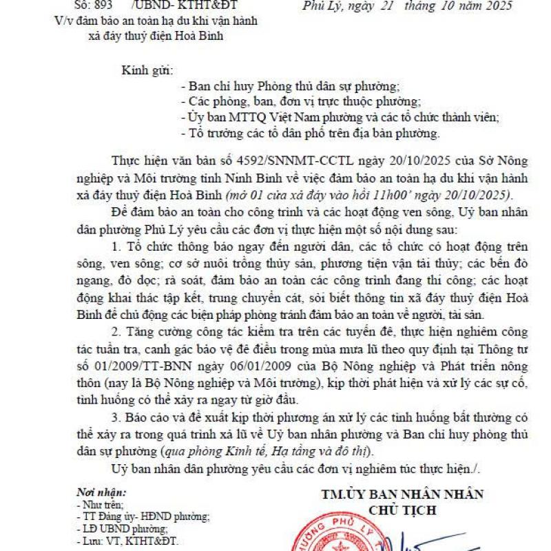 UBND phường Phủ Lý thông báo V/v đảm bảo an toàn hạ du khi vận hành xả đáy thuỷ điện Hoà Bình