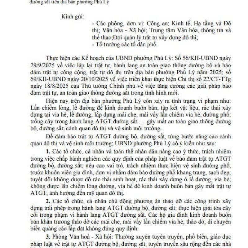 Thông báo V/v giải toả hành lang ATGT đường bộ, đường sắt trên địa bàn phường Phủ Lý