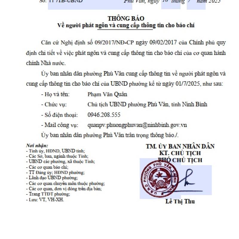 UBND phường Phù Vân thông báo về người phát ngôn và cung cấp thông tin cho báo chí