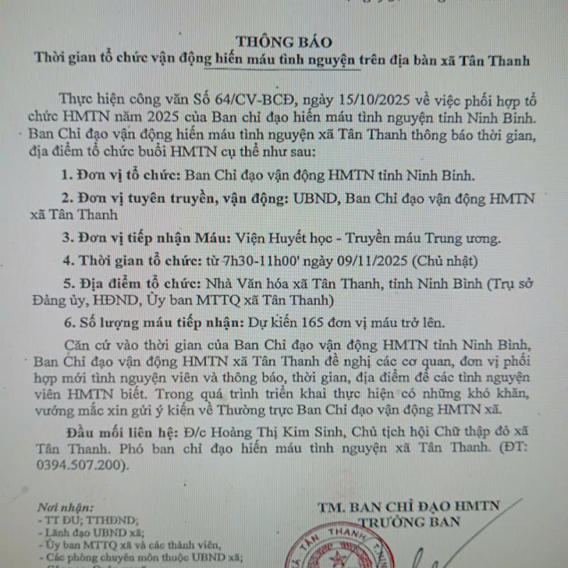 Xã Tân Thanh thông báo thời gian tổ chức vận động hiến máu tình nguyện trên địa bàn xã