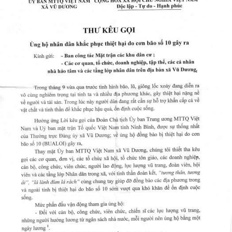 THƯ KÊU GỌI ỦNG HỘ KHẮC PHỤC HẬU QUẢ THIỆT HẠI DO CƠN BÃO SỐ 10 (BUA LOI) GÂY RA