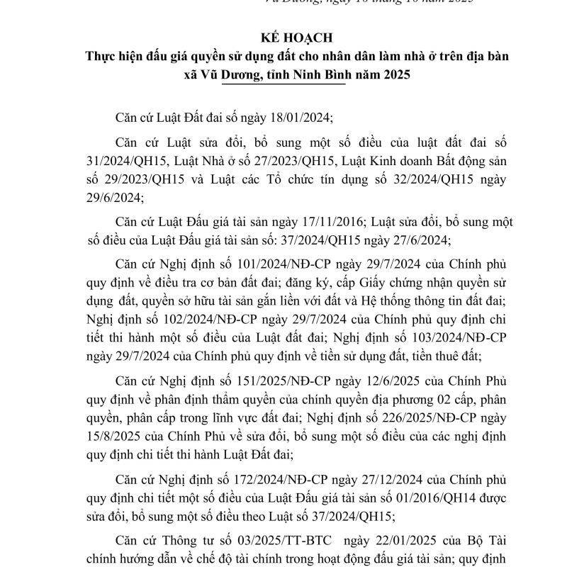 Kế hoạch thực hiện đấu giá quyền sử dụng đất cho nhân dân làm nhà ở trên địa bàn xã Vũ Dương, tỉnh Ninh Bình năm 2025