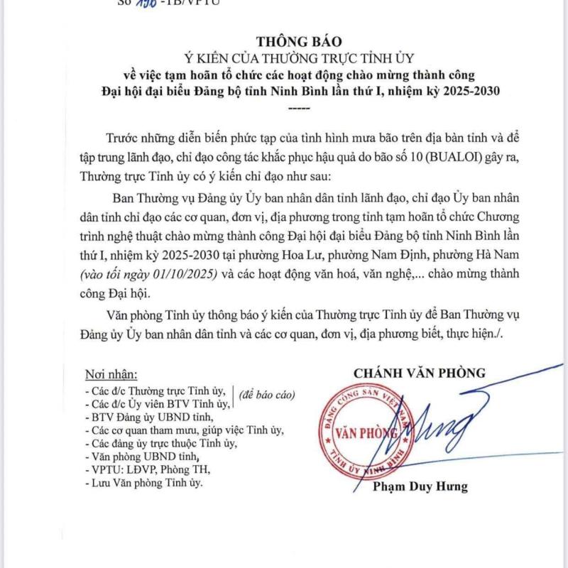 Tạm hoãn các hoạt động chào mừng thành công Đại hội đại biểu Đảng bộ tỉnh Ninh Bình lần thứ I do ảnh hưởng bão số 10