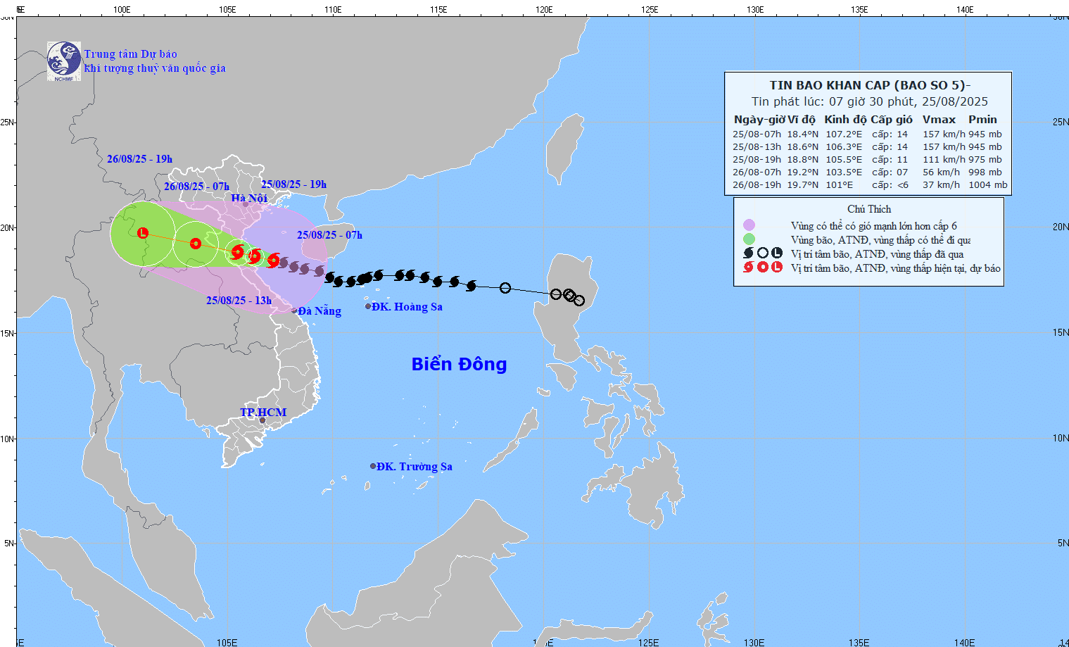 Tin bão khẩn cấp ( Cơn bão số 5) lúc 7h30 ngày 25/8/2025