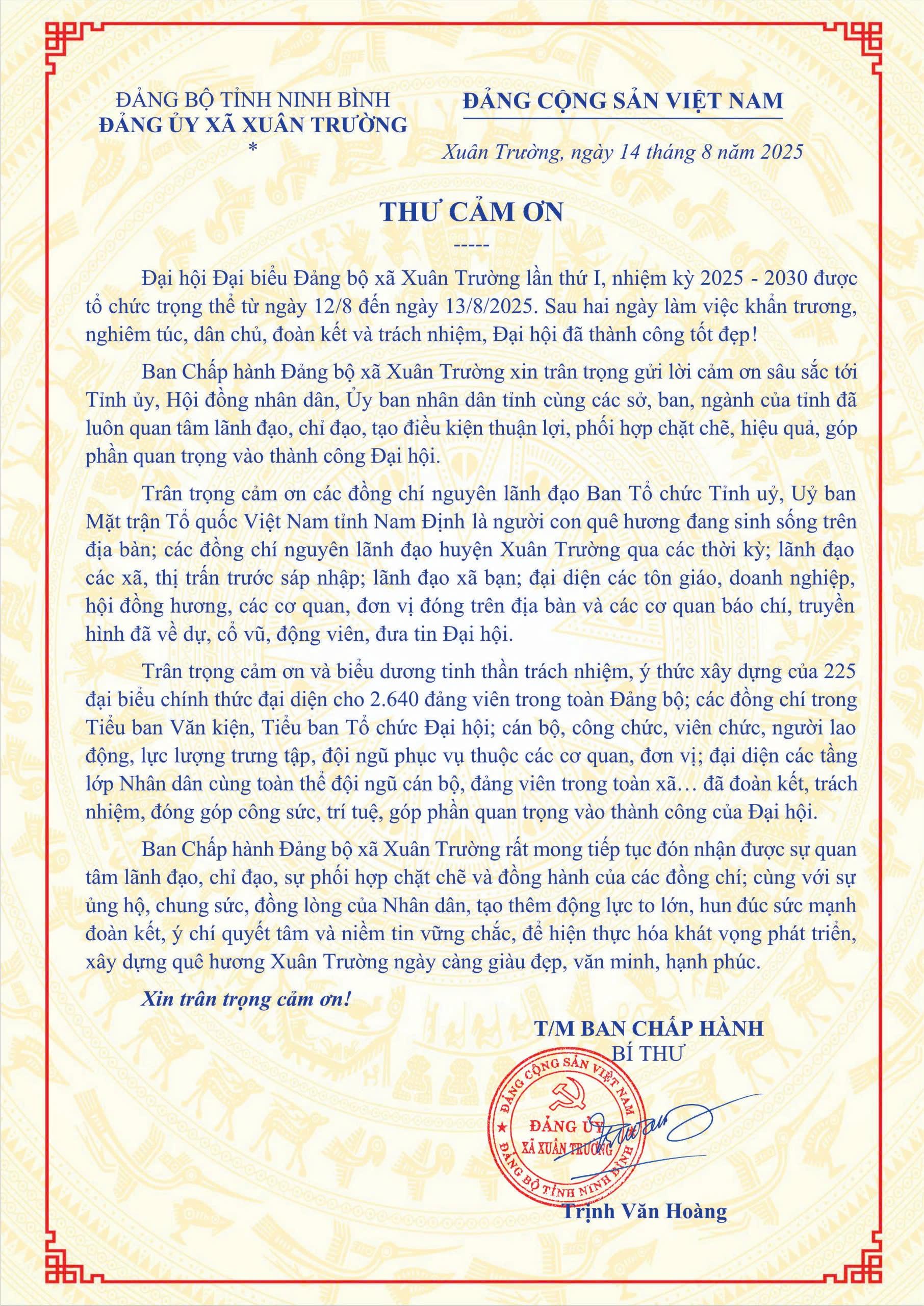 Thư cảm ơn của Ban Chấp hành Đảng bộ xã Xuân Trường